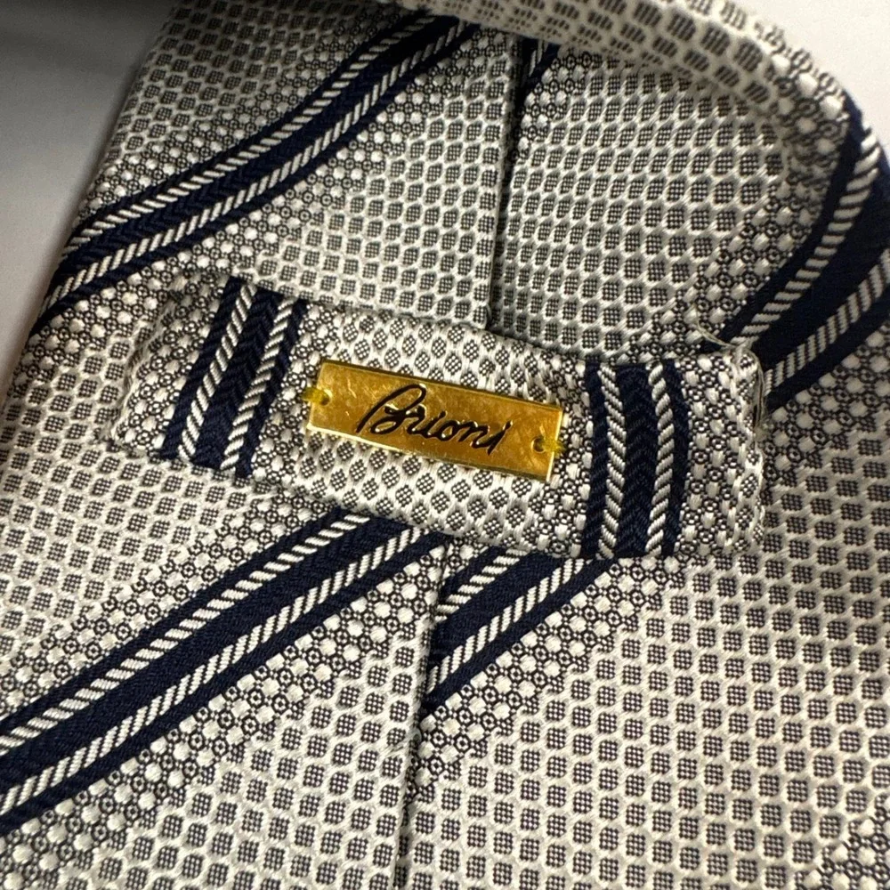 Brioni Necktie Mens OS Silver Navy Blue Striped Silk Textured Geometric Italy